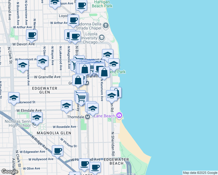 map of restaurants, bars, coffee shops, grocery stores, and more near 6157 North Sheridan Road in Chicago