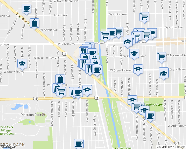 map of restaurants, bars, coffee shops, grocery stores, and more near 6125 N Lincoln Ave in Chicago
