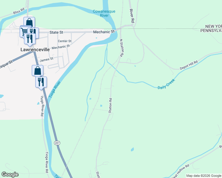 map of restaurants, bars, coffee shops, grocery stores, and more near Station Road in Lawrenceville