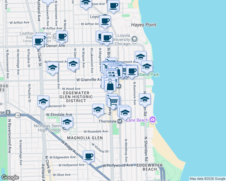 map of restaurants, bars, coffee shops, grocery stores, and more near 6161 North Broadway in Chicago