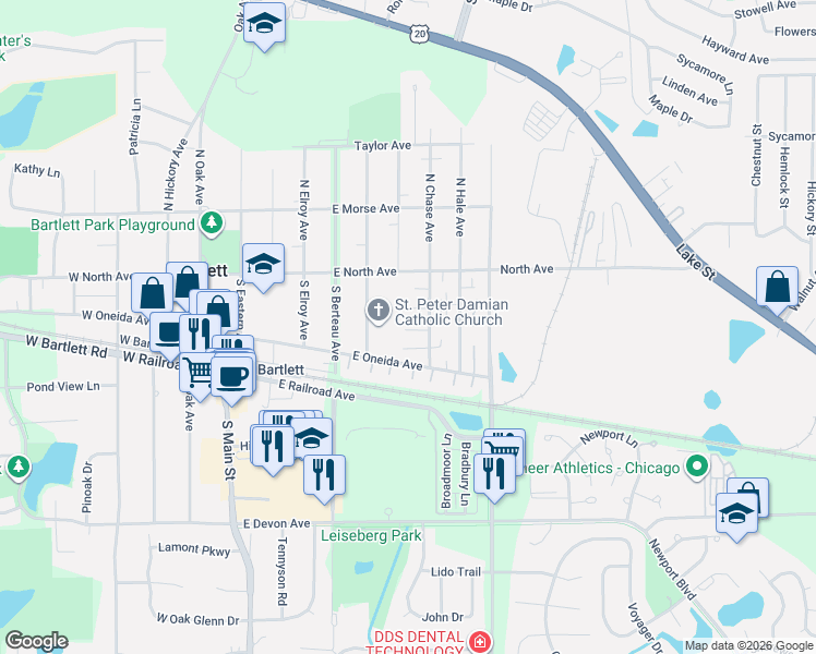map of restaurants, bars, coffee shops, grocery stores, and more near 334 Donna Court in Bartlett