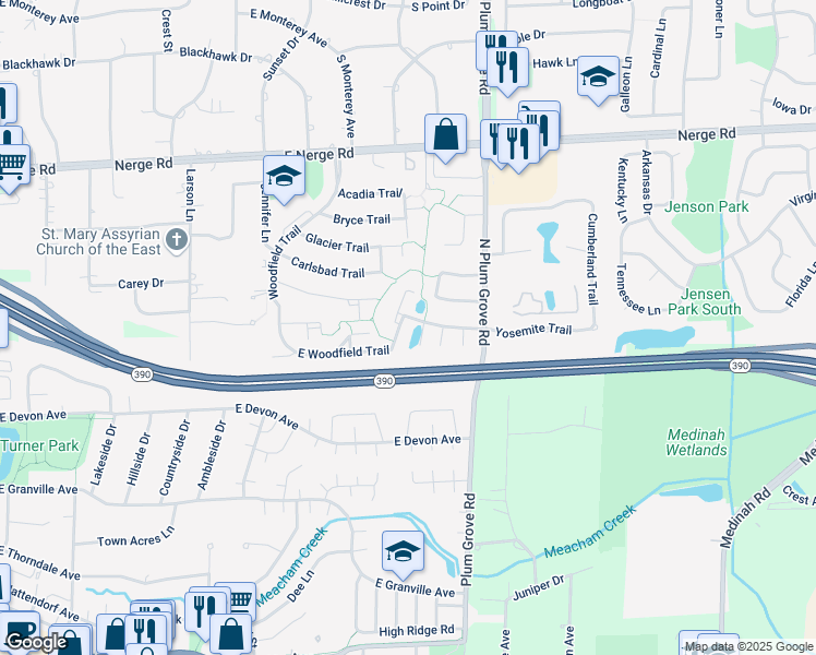 map of restaurants, bars, coffee shops, grocery stores, and more near 531 Yosemite Court in Roselle