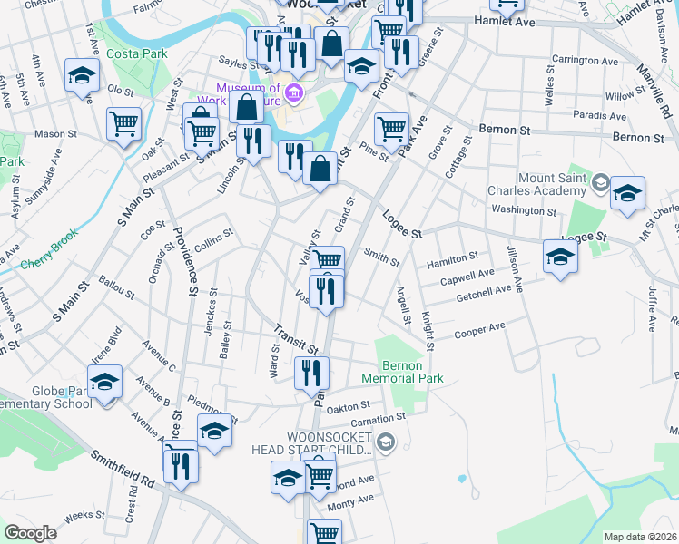 map of restaurants, bars, coffee shops, grocery stores, and more near 725 Park Avenue in Woonsocket