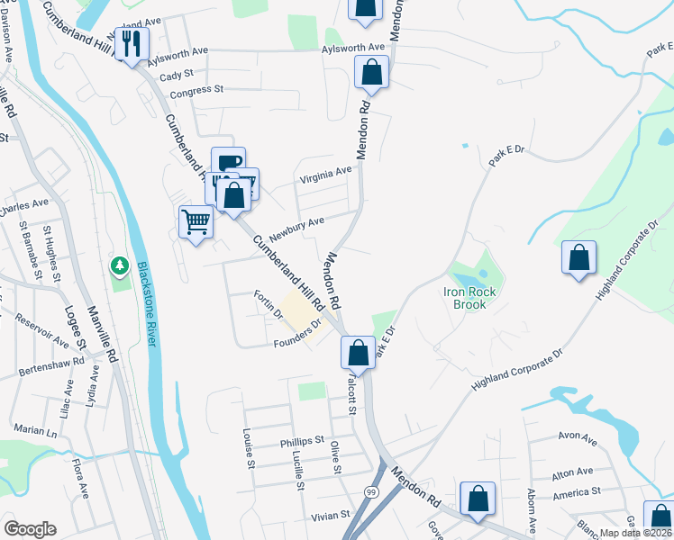 map of restaurants, bars, coffee shops, grocery stores, and more near 35 Armand Avenue in Woonsocket