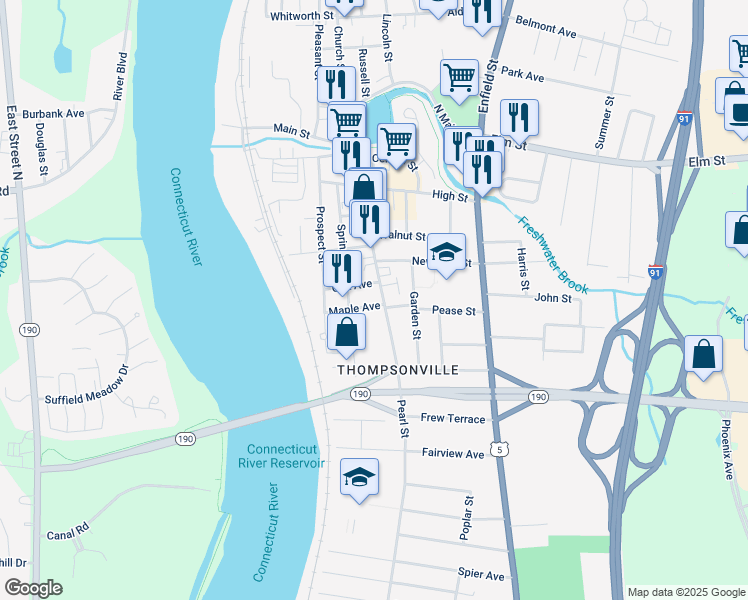 map of restaurants, bars, coffee shops, grocery stores, and more near 125 Pearl Street in Enfield