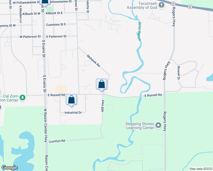 map of restaurants, bars, coffee shops, grocery stores, and more near 701 Mill Highway in Tecumseh