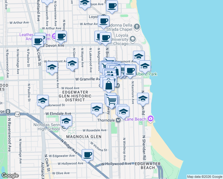 map of restaurants, bars, coffee shops, grocery stores, and more near 6161 North Broadway in Chicago