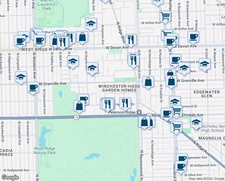 map of restaurants, bars, coffee shops, grocery stores, and more near 1961 West Granville Avenue in Chicago
