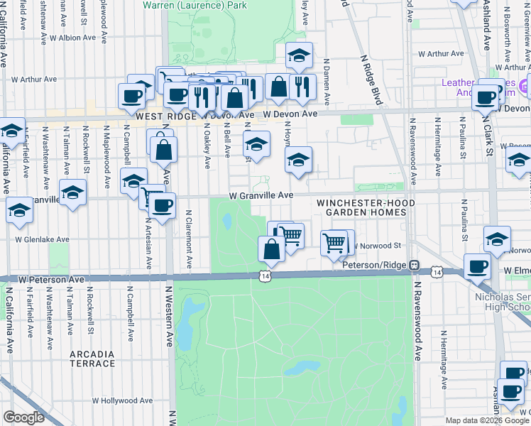 map of restaurants, bars, coffee shops, grocery stores, and more near 2143 West Granville Avenue in Chicago