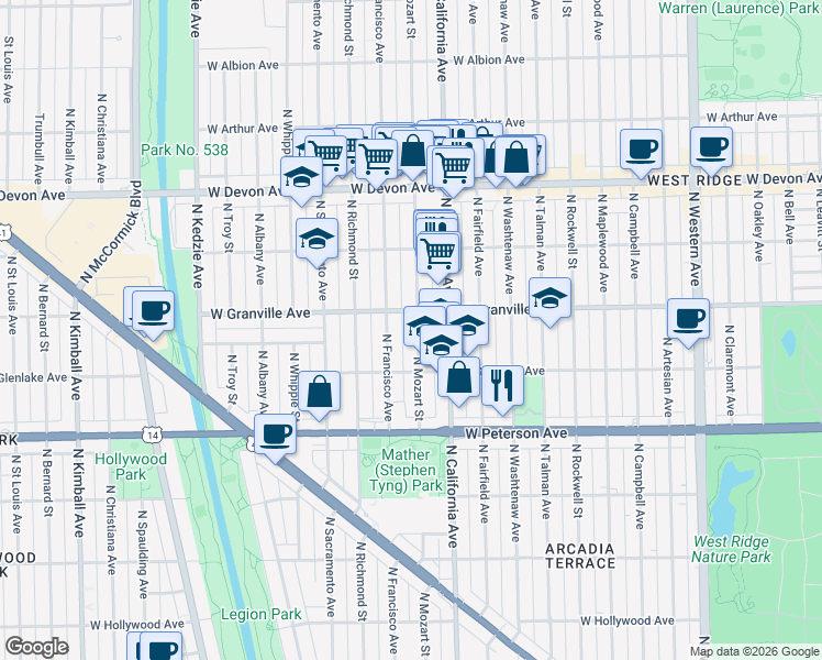 map of restaurants, bars, coffee shops, grocery stores, and more near 2818 West Granville Avenue in Chicago