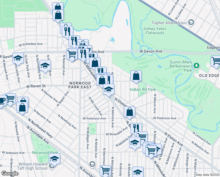 map of restaurants, bars, coffee shops, grocery stores, and more near 6170 North Melvina Avenue in Chicago