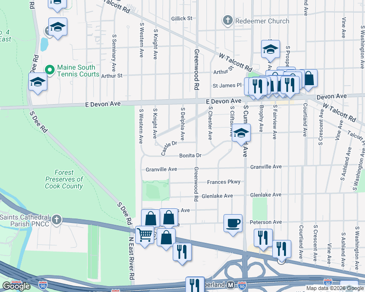 map of restaurants, bars, coffee shops, grocery stores, and more near 1216 Castle Drive in Park Ridge