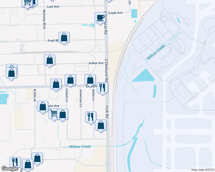 map of restaurants, bars, coffee shops, grocery stores, and more near 2270 Elmhurst Road in Elk Grove Village