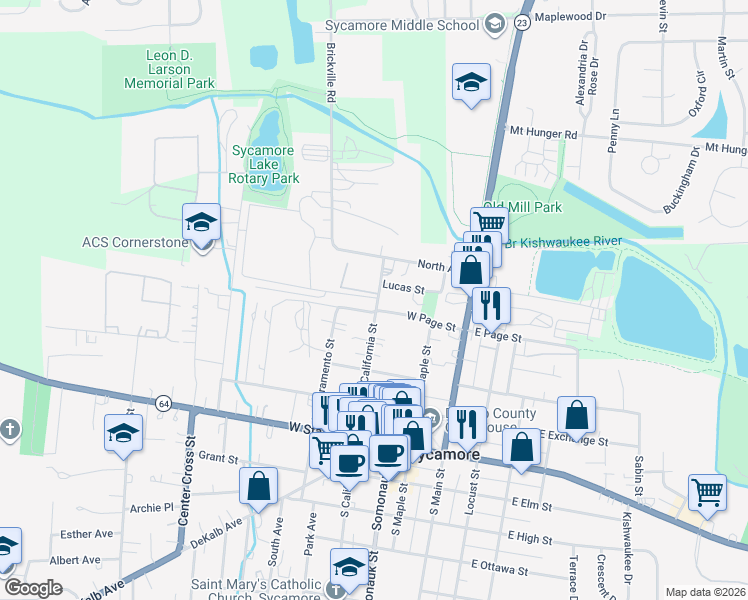 map of restaurants, bars, coffee shops, grocery stores, and more near 465 North California Street in Sycamore
