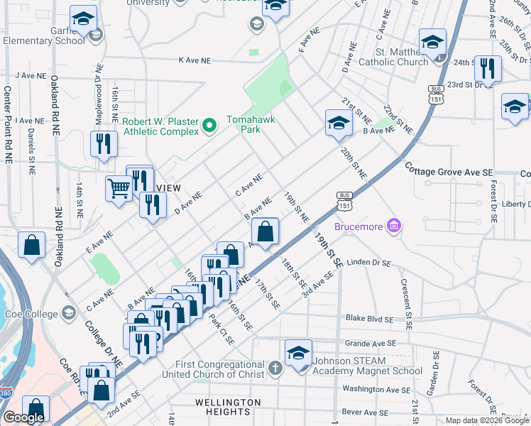 map of restaurants, bars, coffee shops, grocery stores, and more near 1834 B Avenue Northeast in Cedar Rapids