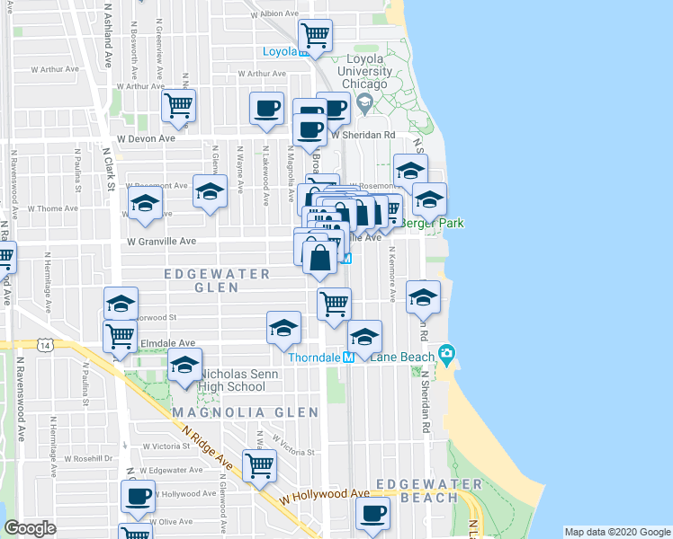 map of restaurants, bars, coffee shops, grocery stores, and more near 6135 North Broadway in Chicago