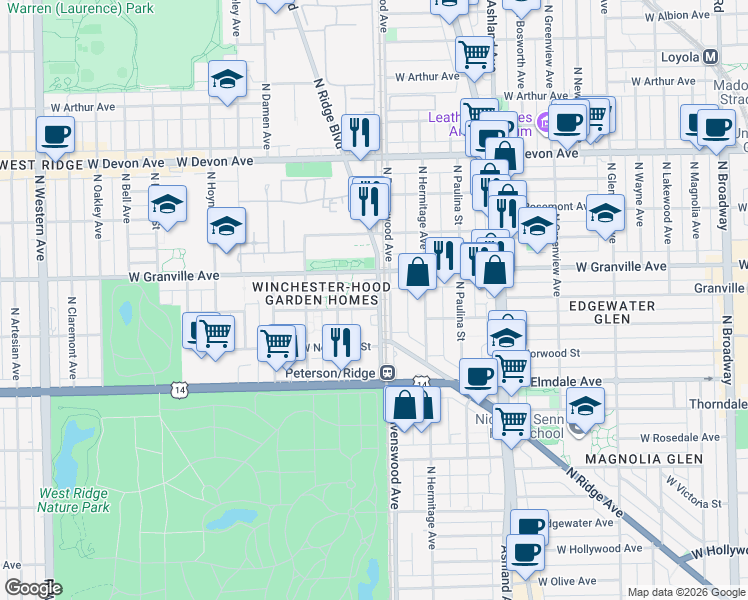 map of restaurants, bars, coffee shops, grocery stores, and more near 6165 North Ravenswood Avenue in Chicago