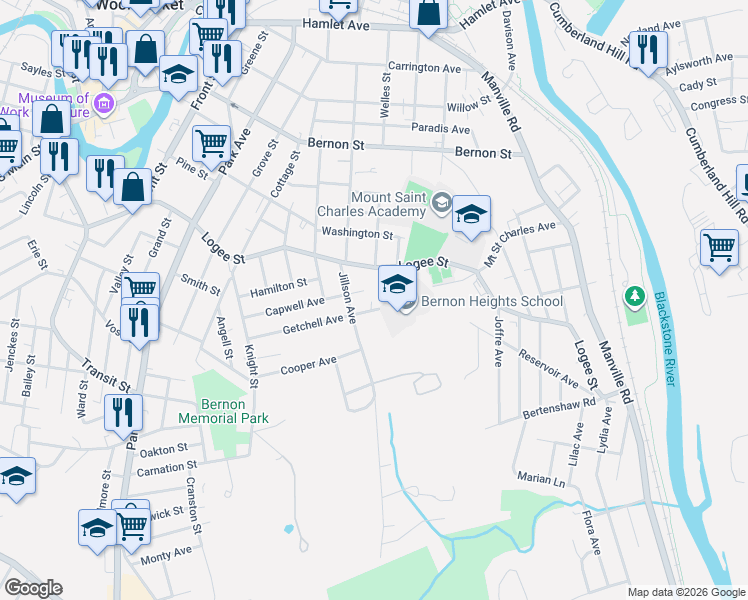 map of restaurants, bars, coffee shops, grocery stores, and more near 66 Jillson Avenue in Woonsocket
