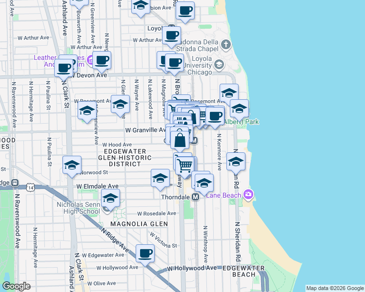 map of restaurants, bars, coffee shops, grocery stores, and more near 6135 North Broadway in Chicago