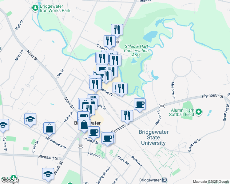 map of restaurants, bars, coffee shops, grocery stores, and more near 80 Spring Street in Bridgewater