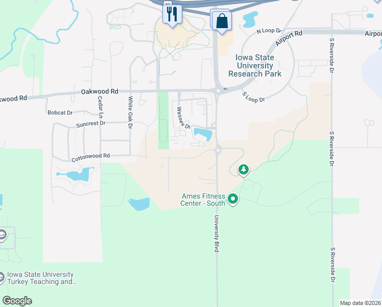 map of restaurants, bars, coffee shops, grocery stores, and more near 2151 Cottonwood Road in Ames