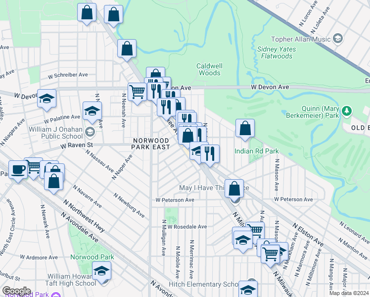 map of restaurants, bars, coffee shops, grocery stores, and more near 6201 North Milwaukee Avenue in Chicago