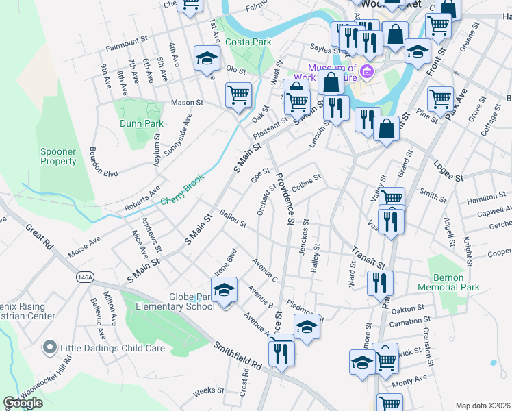 map of restaurants, bars, coffee shops, grocery stores, and more near 69 Orchard Street in Woonsocket