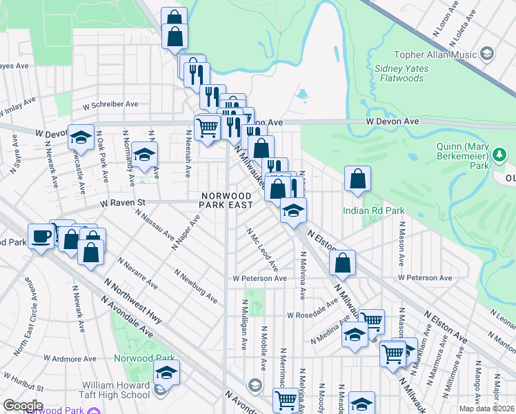 map of restaurants, bars, coffee shops, grocery stores, and more near 6325 West Raven Street in Chicago
