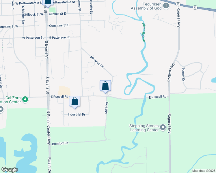 map of restaurants, bars, coffee shops, grocery stores, and more near 701 Mill Highway in Tecumseh