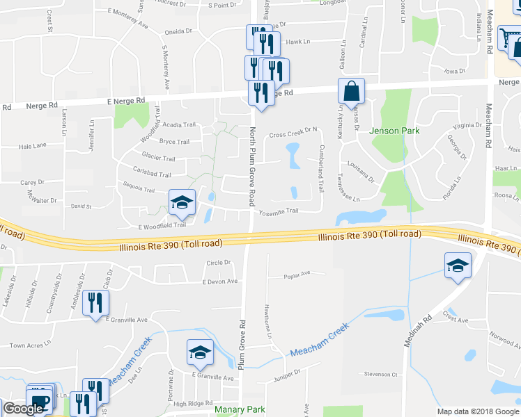 map of restaurants, bars, coffee shops, grocery stores, and more near 820 Yosemite Trail in Roselle