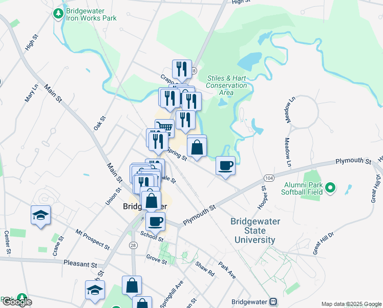 map of restaurants, bars, coffee shops, grocery stores, and more near 80 Spring Street in Bridgewater