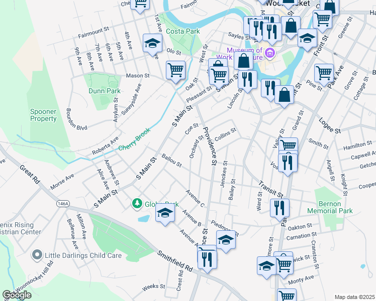 map of restaurants, bars, coffee shops, grocery stores, and more near 69 Orchard Street in Woonsocket