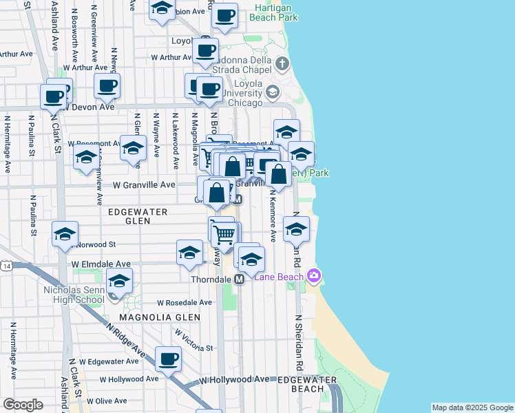 map of restaurants, bars, coffee shops, grocery stores, and more near 6158 North Winthrop Avenue in Chicago