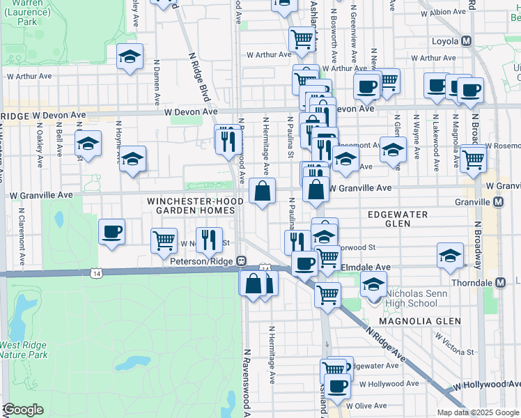 map of restaurants, bars, coffee shops, grocery stores, and more near 1743 West Granville Avenue in Chicago