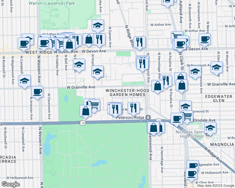 map of restaurants, bars, coffee shops, grocery stores, and more near 1961 West Granville Avenue in Chicago