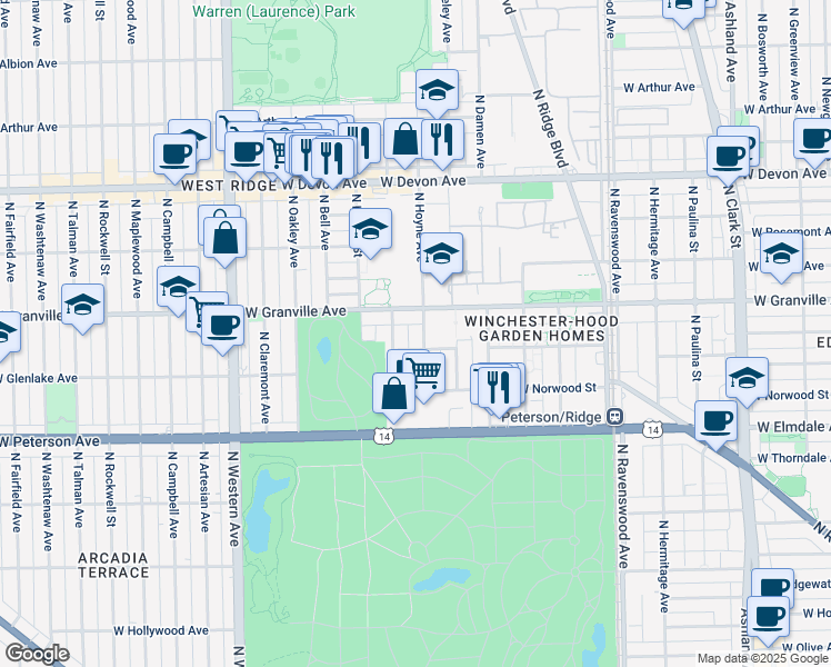 map of restaurants, bars, coffee shops, grocery stores, and more near 2101 West Granville Avenue in Chicago
