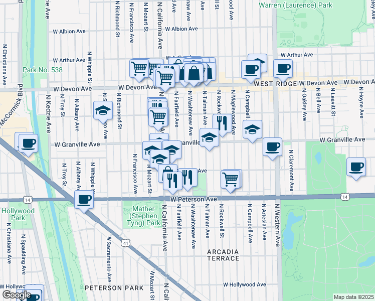 map of restaurants, bars, coffee shops, grocery stores, and more near 2707 West Granville Avenue in Chicago