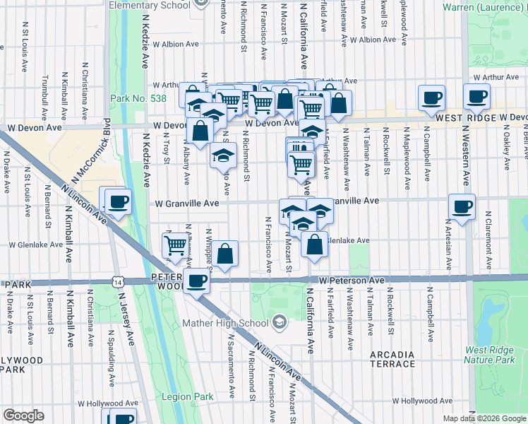 map of restaurants, bars, coffee shops, grocery stores, and more near 2903 West Granville Avenue in Chicago