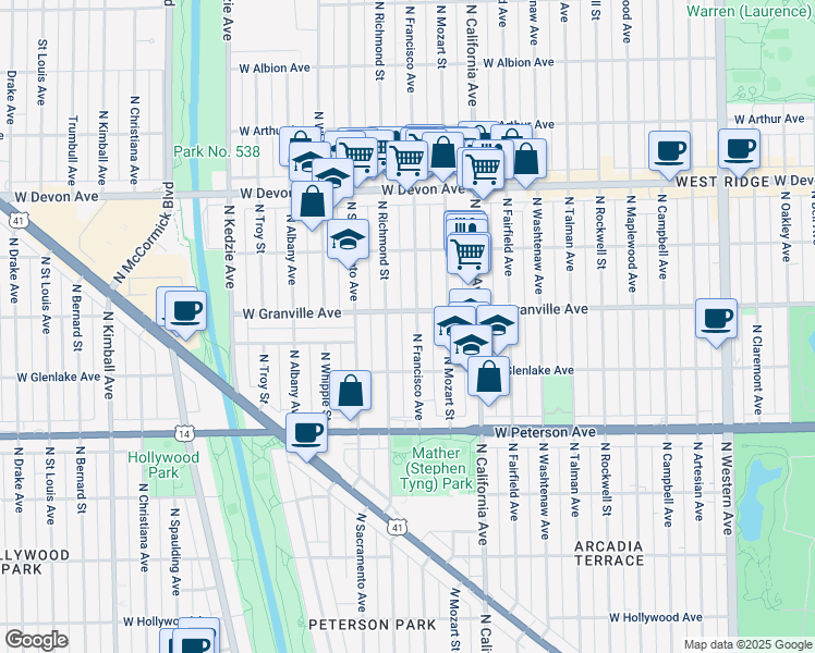 map of restaurants, bars, coffee shops, grocery stores, and more near 2903 West Granville Avenue in Chicago