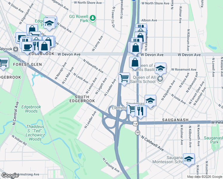 map of restaurants, bars, coffee shops, grocery stores, and more near 6247 North Leader Avenue in Chicago