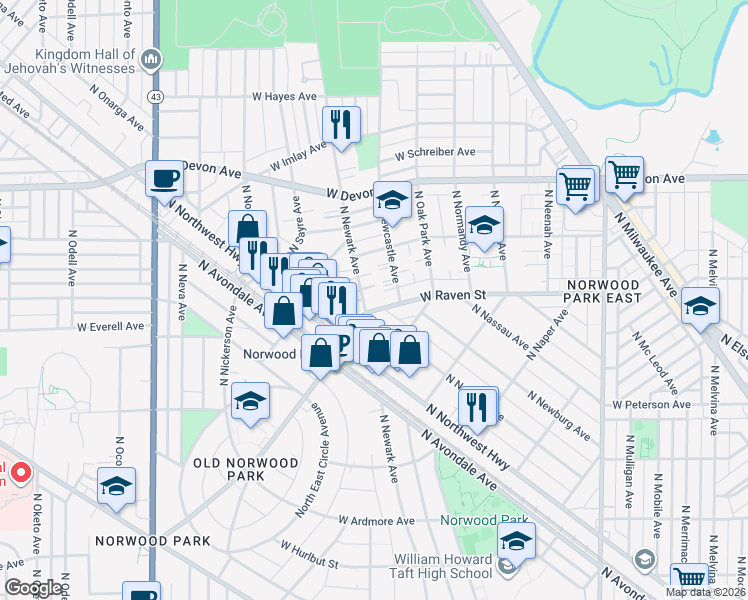 map of restaurants, bars, coffee shops, grocery stores, and more near 6235 North Newark Avenue in Chicago
