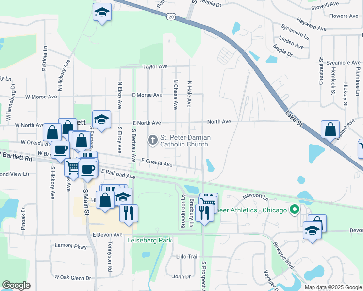 map of restaurants, bars, coffee shops, grocery stores, and more near 121 Lucille Court in Bartlett