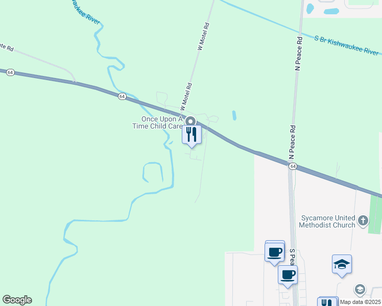 map of restaurants, bars, coffee shops, grocery stores, and more near 120 Liberty Lane in Sycamore