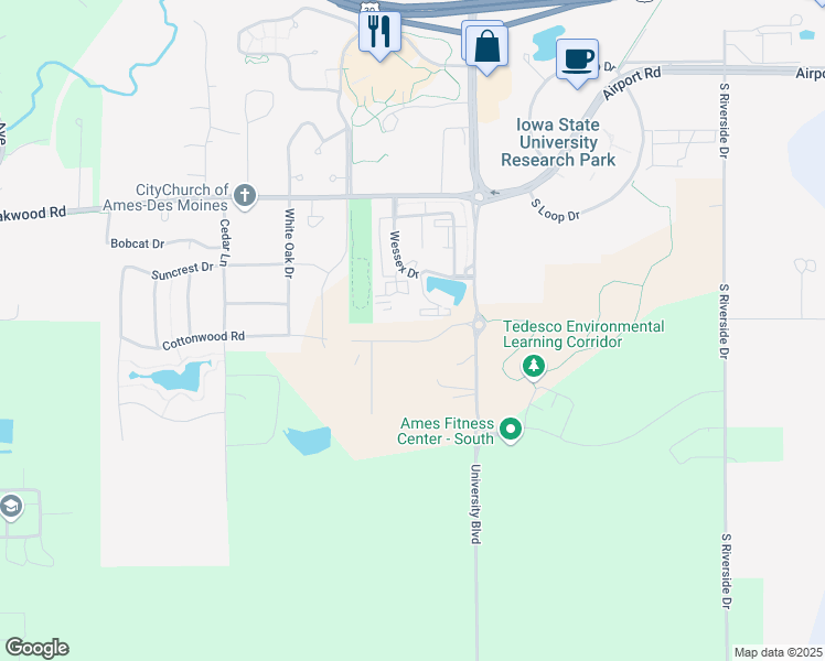map of restaurants, bars, coffee shops, grocery stores, and more near 3130 Turnberry Court in Ames