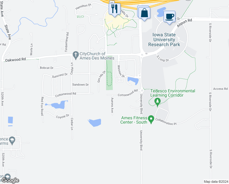 map of restaurants, bars, coffee shops, grocery stores, and more near 2151 Cottonwood Road in Ames