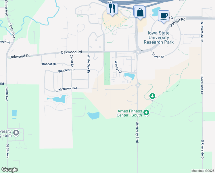 map of restaurants, bars, coffee shops, grocery stores, and more near 2151 Cottonwood Road in Ames