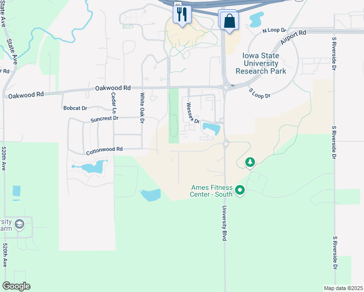 map of restaurants, bars, coffee shops, grocery stores, and more near 2151 Cottonwood Road in Ames