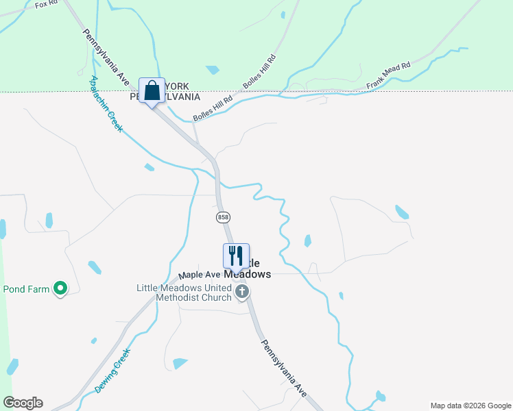 map of restaurants, bars, coffee shops, grocery stores, and more near 1126 Pennsylvania Avenue in Little Meadows