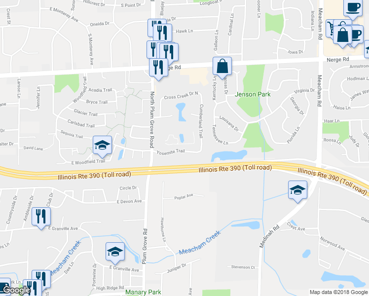 map of restaurants, bars, coffee shops, grocery stores, and more near 940 Yosemite Trail in Roselle