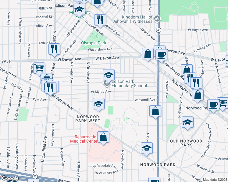 map of restaurants, bars, coffee shops, grocery stores, and more near West Myrtle Avenue in Chicago